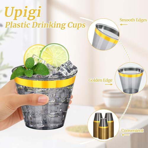 Image of 100 Pcs Gold Black Plastic Cups,9Oz Clear Disposable Cups with Gold Rim,Heavy Duty Clear Disposable Plasitc Cocktail Glasses Tumblers Wine Cup for Party,Wedding,Birthday,Christmas