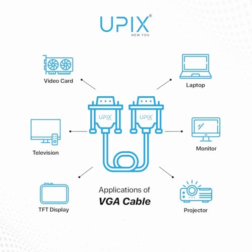 Image of Upix Male to Male VGA Cable 2.7 Meters (8.86 Feet) - Supports PC, Monitor, TV, LCD /LED, Plasma, Projector, TFT