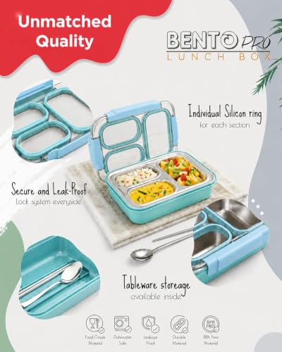 Image of Sanghariyat Bento Pro Lunch Box 710ml, 3 Compartment Stainless Steel Lunch Box with 100% Leak-Proof, BPA-Free Food-Grade Lunch Container with Spoon & Pair of Chopsticks for School Kids - Sky Blue