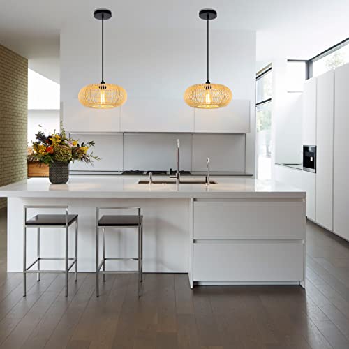 HXMLS Pendant Light, Farmhouse Hand-Woven Rattan Wicker Chandelier Dome Wicker Hanging Lamp, Vintage Wicker Woven Rattan Pendant Light Fixturefor Kitchen Island Dining Room Living Room - Image 6