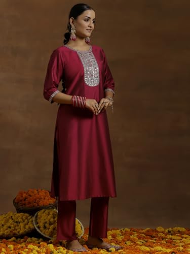 Image of Libas Gerua Womens Yoke Design Silk Blend Straight Kurta With Trousers and Dupatta | daily wear suit