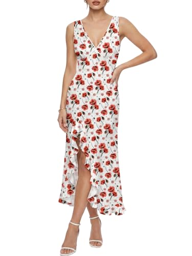 Rosegalette Women's Hawaii Floral Printed Maxi Dress Ruffles Split V-Neck Sleeveless Beach Casual,Red,XL