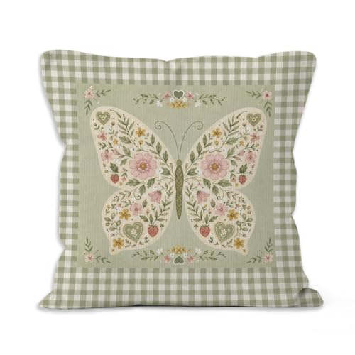 VRW Cottagecore Floral Butterfly Throw Pillow Cover 18x18, Baby Girl Nursery Decorative Pillow Covers for Kids Toddler Girls Room Bedroom, Vintage Green Gingham Plaid Accent Pillows Cover Pillowcases