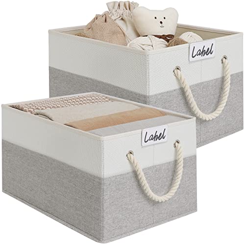 Loforhoney Home Fabric Storage Baskets For Shelves, Foldable Storage Baskets For Organizing, Closet Organizer Bins With Cotton Rope Handles, Canvas Storage Bins For Clothes, Xlarge, Beige&Gray, 2-Pack #TOP7