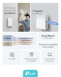 TP-Link Répéteur WiFi 7 RE220BE, Amplificateur WiFi Puissant 3.6Gbps, Port Ethernet Gigabit, Couvre jusqu'à 150 m², Compatible avec Toutes Les Box Internet, Profitez sans Changer Votre Box