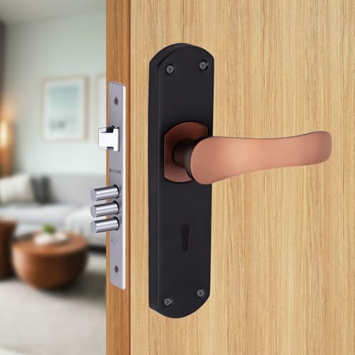 Image of Milton Iron Mhi - R-300 Mortise Lock Set with Rose Copper Handle, Black Plate, 200mm Length, 125mm Handle, Keyhole Design, Complete with Keys and Hardware