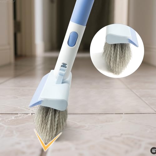Image of Floor Scrub Brush and V-Shape Grout Brush with Long Handle 3 in 1 Replaceable Head Scrape Brush Stiff Bristle with Swivel Head for Cleaning Tiles Hardwood Floors Patios Blue