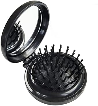 Serrale Folding Hair Brush Mini Round Comb with Mirror Portable Travel HairBrush Pocket Compact Massage Combor for Women & Girls Small Purse, Gym, Trip, School Camping(Black), 2.5x7.5x6.5cm
