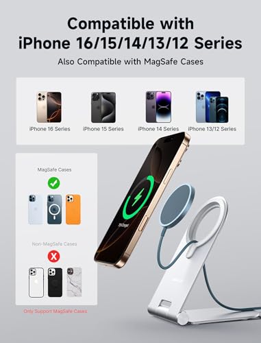 Image of JSAUX Magnetic Wireless Charger Compatible with MagSafe Charger iPhone 16 /15 /14 /13 /12 Series, Wireless Mag Safe Charging Pad (Blue) with 20W PD Adapter and Desktop Stand