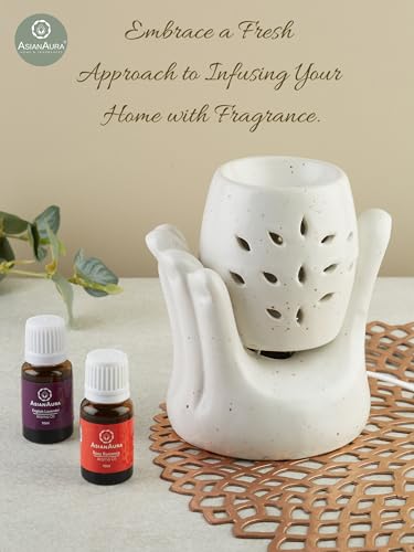 Asian Aura Hand Shaped Ceramic Electric Aroma Diffuser for Home Fragrance| Oil Burner| Oil Warmer Hand Shaped Diffuser with 2 Aroma Oils (English Lavender & Rosy Romance Fragrance 10ml Each)- White