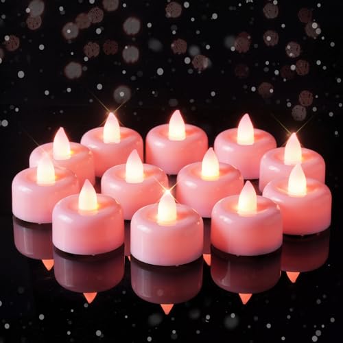 Image of Amagic 12 Pack Pink Flameless LED Tea Lights Candles Battery Operated, Electric Fake Tealight Candles for Votive, Wedding, Table Centerpiece, Theme Party, Aniversary, Proposal, Christmas, Pink Base