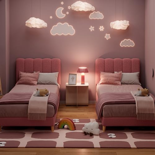 GarveeHome Twin Bed Frame, Boucle Upholstered Platform Bed with Wave Headboard for Girls/Kids, Easy Assembly, Wooden Slats Support, No Box Spring Needed, Light Pink