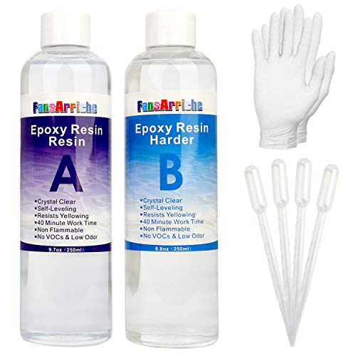 FansArriche 18.5 Ounce 2 Part Epoxy Resin Crystal Clear for Art, Crafts & Jewelry Making, Non-Toxic Resin with 4 Dropper and 1 Pair Rubber Gloves