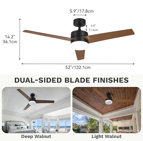DWVO 52" Ceiling Fan with Lights and Remote, 3 Blade with Light Tri-Color Temperature, Modern Ceiling Fan with Reversible 6 Speed,Quiet DC Motor for Bedroom, Living Room