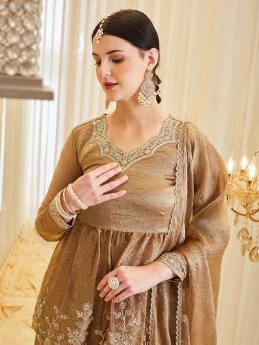 Image of MOKOSH Women's Silk Embroidered Peplum Kurta Set with Sharara & Dupatta