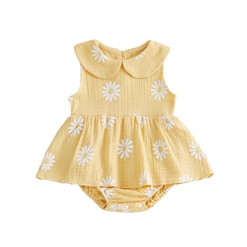 XIXIMAON Newborn Baby Girl Romper Dress Peter Pan Neck Sleeveless Daisy Flower Print Jumpsuit Infant Girl One Piece Clothes (Yellow, 0-3 Months)