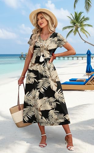 Image of OFEEFAN Summer Dresses for Women Flowy Casual A-Line Midi Dress Beach Vacation Sundresses with Pockets S-2XL