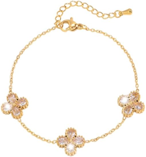 Dainty Lucky Four Leaf Clover Bracelet for Women Stackable Chain Waterdrop Rhinestone Stainless Steel Adjustable Link Bangle Good Luck Irish Holiday Trendy St Patrick’s Day Gift Jewelry for Mom Wife