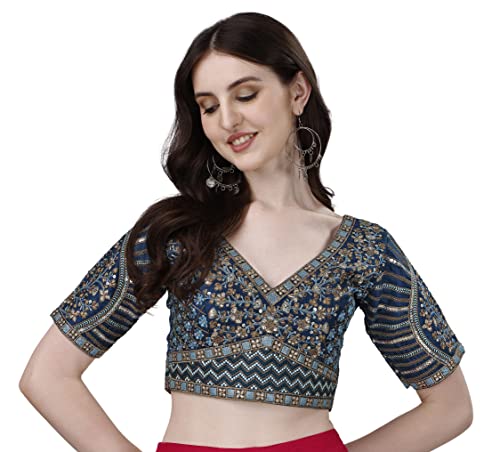 Image of Pujia Mills Mills Women's Fancy Readymade Heavy Coding Embroidary Worked Half Sleeve Multicolor Saree Blouse(Mushroom)