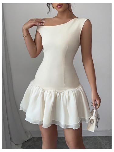 Image of Verdusa Women's Color Block Ruffle Off Shoulder Dress Drop Waist Layered Mesh Mini Dress