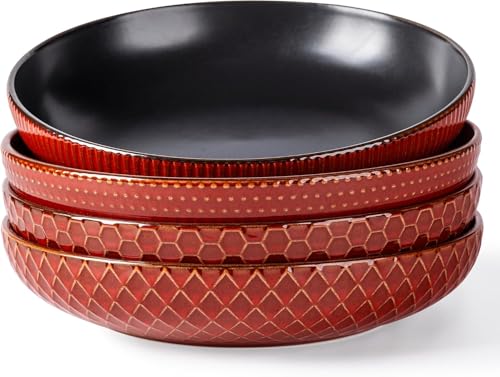 GBhome 8.5'' Large Pasta Bowls, 32 Ounce Stoneware Salad Bowls for Kitchen, Ceramic Serving Bowls with Textured Pattern for Pasta,Fruit, Stews,Noodle, House-Warming Gift,Set of 4