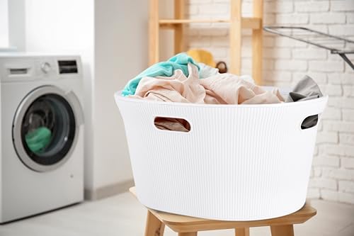 Image of Superio Ribbed Collection - Decorative Plastic Laundry Basket with Cut-Out Handles, White (2 Pack) Hamper Organzier for Bedroom Bathroom College Dorm Room 35 Liter