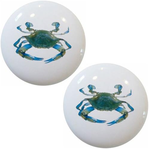 Set of 2 Blue Crab Ceramic Cabinet Drawer Knobs