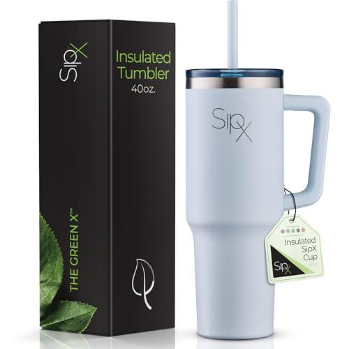 Image of SIPX™ 40 oz Insulated Tumbler with Handle & Straw – Vacuum Insulated Stainless Steel, Leakproof, Cupholder Friendly – Perfect for Iced Coffee, Water & Travel – Blue