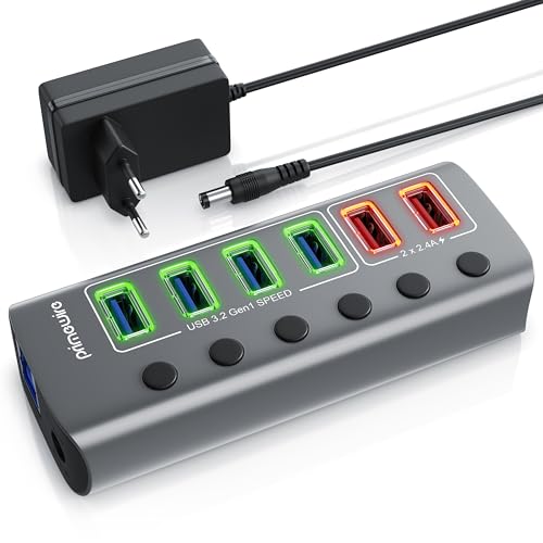 CSL - USB 3.2 Gen.1 6 Port Hub aktiv schaltbar – mit Netzteil - 4 x USB 3.2 Gen1, 2X USB Smart Charge Ports – Alugehäuse grau – für PC Notebook Laptop Tablet PC - bis zu 5 Gbit/s