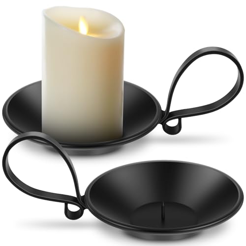 DJAPWPX 2 Pcs Iron Pillar Candle Holder for Table Centerpiece Decoration, Round Base Pillar Candle Stand, Decorative Pillar Candle Tray with Handle for Living Room Restaurant (with Spike)