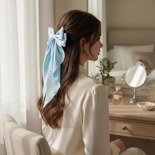 Pinza para cabello con lazo de satén azul claro grande miniatura 5