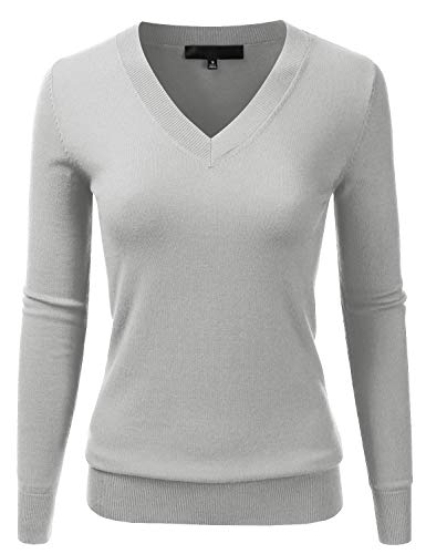 Image of EIMIN Women's Long Sleeve V-Neck Slim Fit Pullover Soft Knit Top Sweater LIGHTGREY M