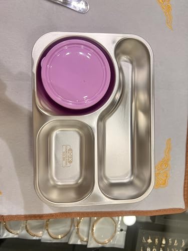 Image of Soreign Stainless Steel Kids Lunch Box (3 Compartments) | SUS 304 Food Grade Steel | Leakproof Tiffin with Spoon & Chopsticks | Bento Lunch Box for School, Office (750ml + 150ml) (Unico'S Secret)