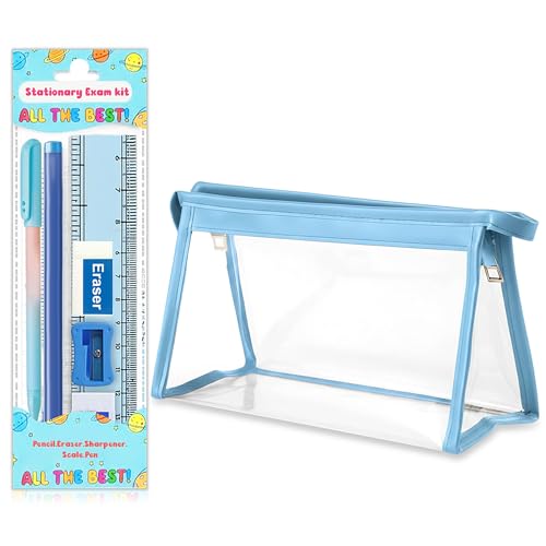 Image of GLUN Blue Transparent Zipper Pouch with inchAll The Best inch Stationery Kit Includes Scale, Pencil, Eraser, Sharpener & Pen Set for School Students