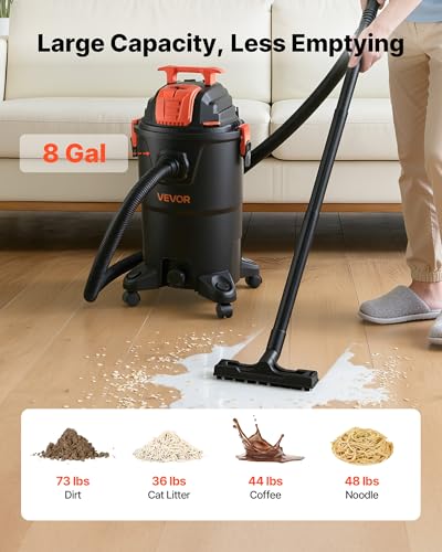 Image of VEVOR Shop Vac, 8 Gallon Wet Dry Shop Vacuum, 4.5 Peak HP Portable with One-Button Self-Cleaning, Dual-Filter, 900W Input Power, 1.25in x 7ft Hose, 9.8ft Cord for Jobsite, Workshop, Garage, Home