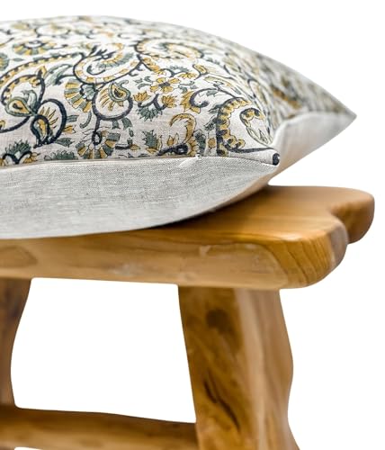 Krinto Black, Olive and Yellow Floral Design on Natural Linen Pillow Cover, Black, Green and Yellow Pillow Cover, Farmhouse Pillow, Floral Pillow (Olive Green and Mustard, 14