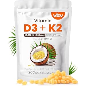 VEV Vitamin D3 Con K2 10000 IU, 300 Virgin Coconut Oil Softgels, 2 in 1 Vitamins Supplement D & K (Include MK7), Easy to Swallow, Supports Calcium Absorption, Bone Health(Packaging May Vary)