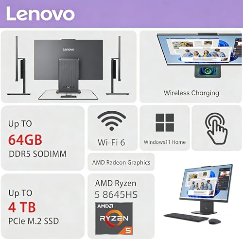 Image of Lenovo IdeaCentre 27 inch Touchscreen All-in-One Desktop | AMD Ryzen 5 8645HS, 32GB DDR5 RAM, 1TB SSD | FHD IPS Display, Wi-Fi 6, HDMI in /Out, Wireless Charging Base, Wireless KB&Mouse, Windows 11