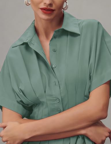 Image of Yeokou Shirt Dress for Women Summer Casual Short Sleeve Button Down Loose Pleated Maxi Sundress with Pockets