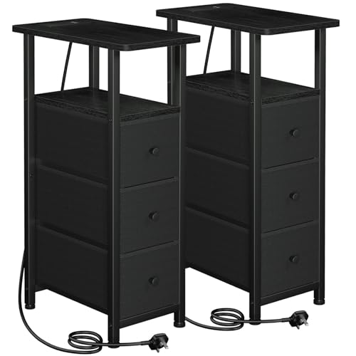 LOAKEKEL Slim Bedside Table Set of 2 with Charging Station, Narrow Side Table with 3 Fabric Drawers, Sofa Table with Open Storage Shelf, Nightstand for Small Spaces, Living Room, Black UHETNDP03BK