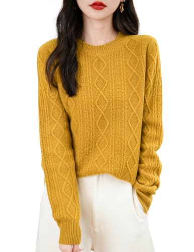 Women's 100% Merino Wool Sweater 2025 Fall Winter Basic Crewneck Warm Long Sleeve Cable Knit Pullover Sweater