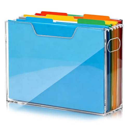 Oqqlin Acrylic File Organizer, 12.2 x 3.5 x 9.6 Inch Clear Hanging Folder Organizer with Handle Lightweight Slim Desktop File Storage for School, Office, Home