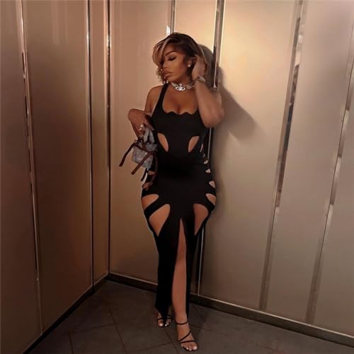 Women's Sexy Sleeveless Hollow Out Maxi Dress Tassel See Through Backless Bodycon Party Club Long Dress3