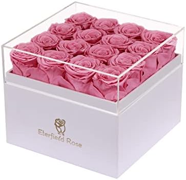 Eterfield Preserved Roses That Last a Year Eternal Rose in a Box Real Rose without Fragrance Gift for Her (Pink Roses, Square White Box)