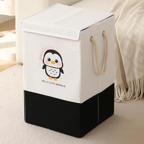 Image of HOKIPO Foldable Laundry Basket for Clothes with Lid, Black - Penguin (AR-5317-BLK), 53cm, 35cm