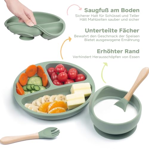 NEXROLA Baby Geschirrset 8 Stück, Kindergeschirr Set, Baby Teller mit Saugnapf, Trinklernbecher, Lernlöffel Baby, Silikon Lätzchen Baby, BPA-frei, Baby Besteck für Spülmaschine und Mikrowelle, Grün