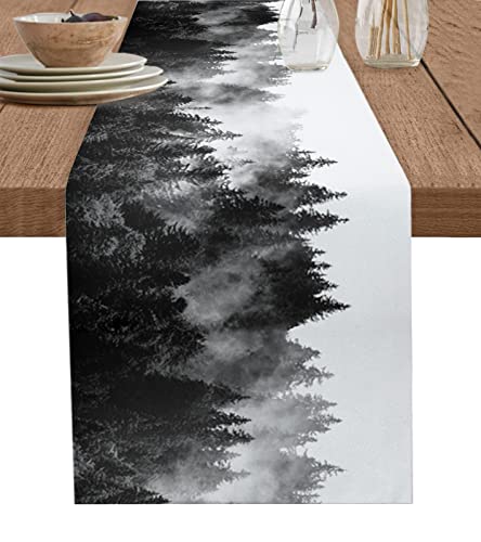 Black Forest Table Runner 90 Inches, Black And White Natural Landscape Modern Abstract Art Bed Runner Dresser Scarves Tabletop For Indoor Outdoor Parties/Ceremony/Banquet, 13" X 90" #TOP16