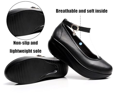 Women's Genuine Leather Waterproof Platform Wedge Mary Jane Shoes with Ankle Straps Non-Slip Lightweight Soft Sole Round Toe Causal Dress Pumps for Daily Business Formal3