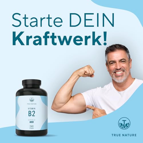 Vitamin B2 Riboflavin - Hochdosiert: 250mg Riboflavin - 240 Kapseln (Big Pack) - Unterstützt Energiestoffwechsel, Haut und Nerven - Laborgeprüft - Vegan & Deutsche Produktion - TRUE NATURE