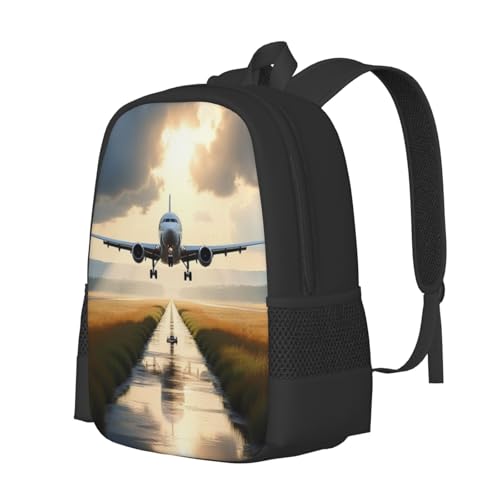 Airplane On Runway Cloudy Sky Water Reflection Backpack Build Casual Daily Outdoor Adventures Camping & Hiking Trips 17 In2